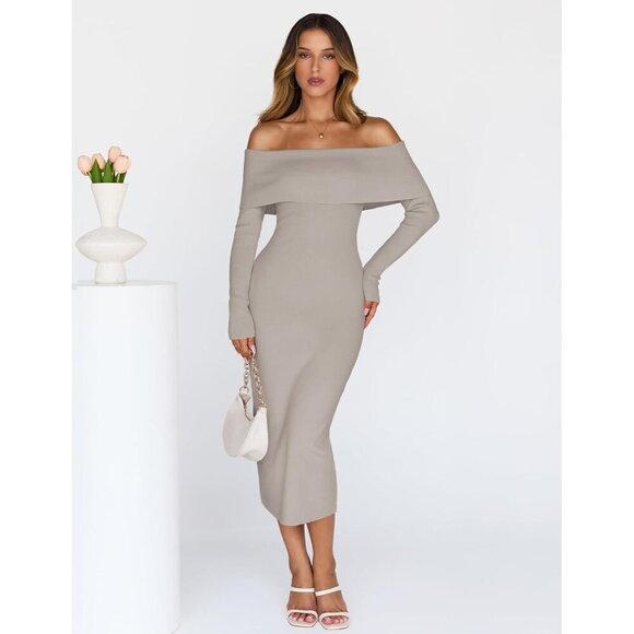 Merokeety Women's Gray Off Shoulder Long Sleeve Elegant Bodycon Midi Dress - Picture 2 of 9